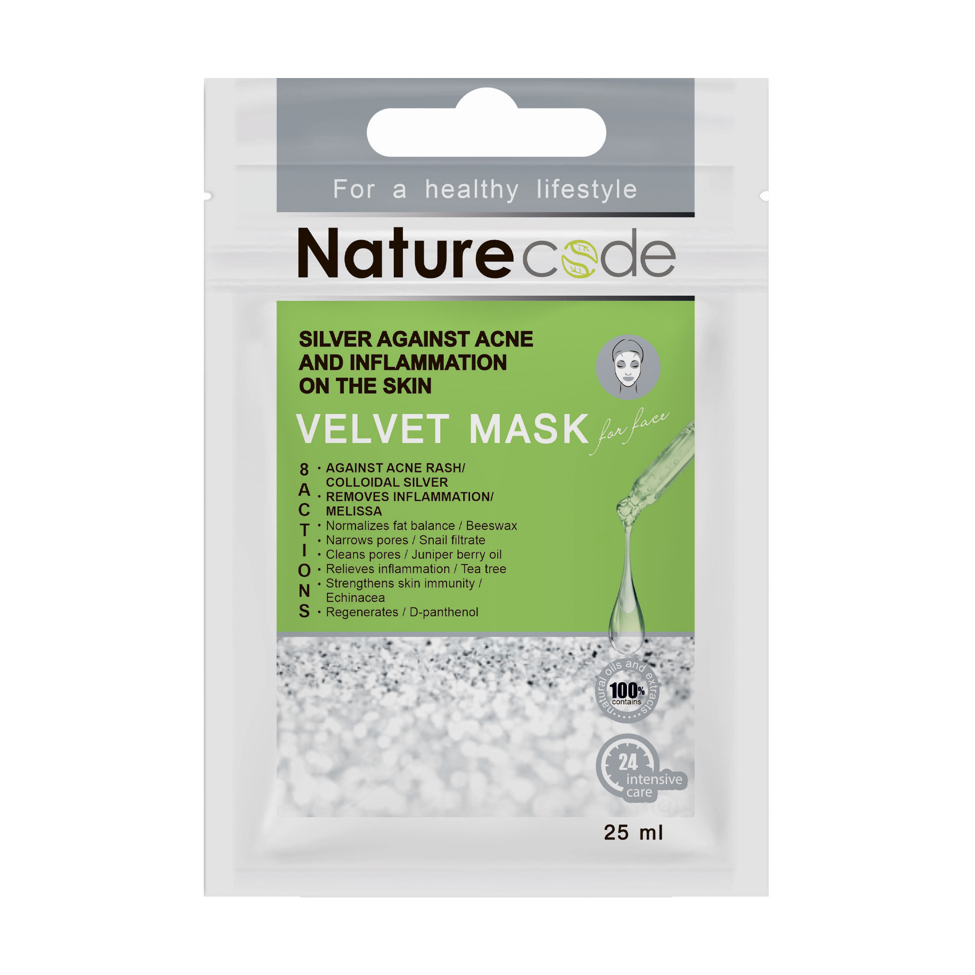 Тканинна маска для обличчя Nature Code Velvet Mask Silver Проти вугрового висипу та запалень на шкірі, 25 мл